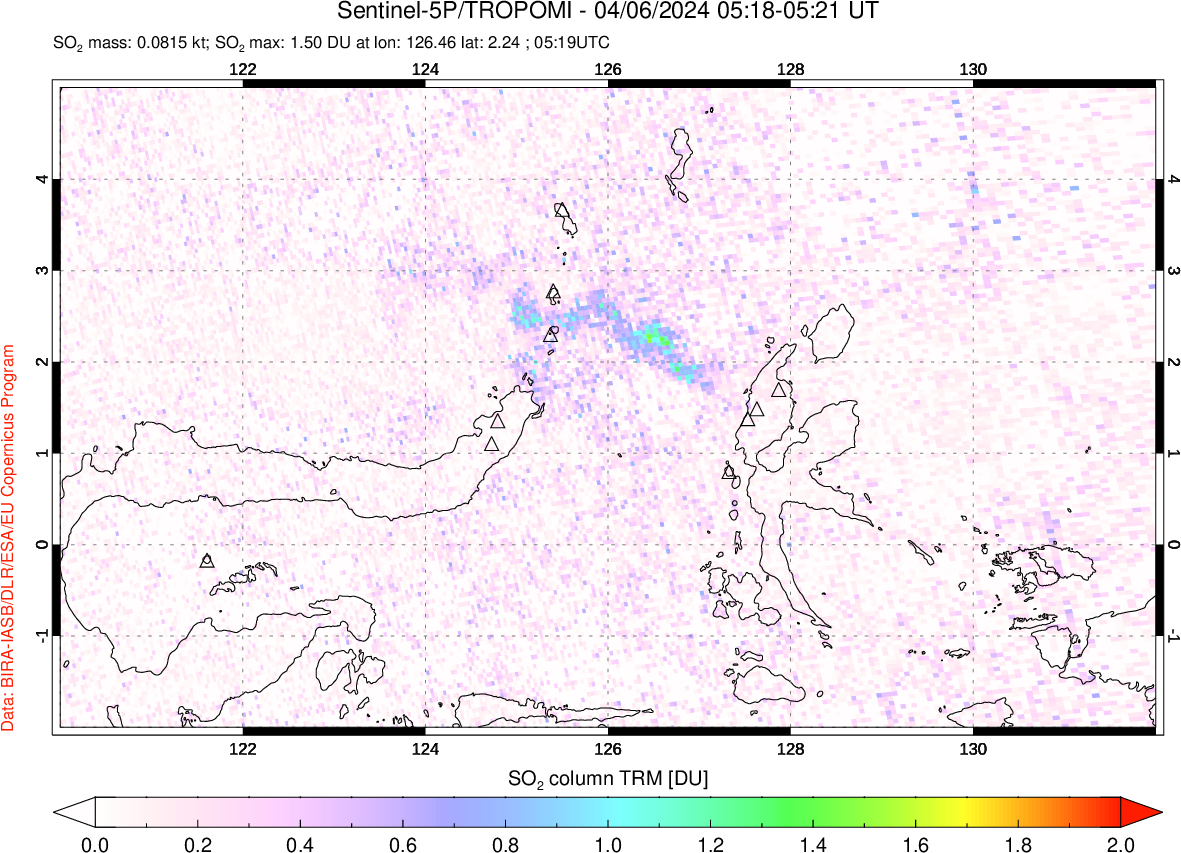 A sulfur dioxide image over Northern Sulawesi & Halmahera, Indonesia on Apr 06, 2024.