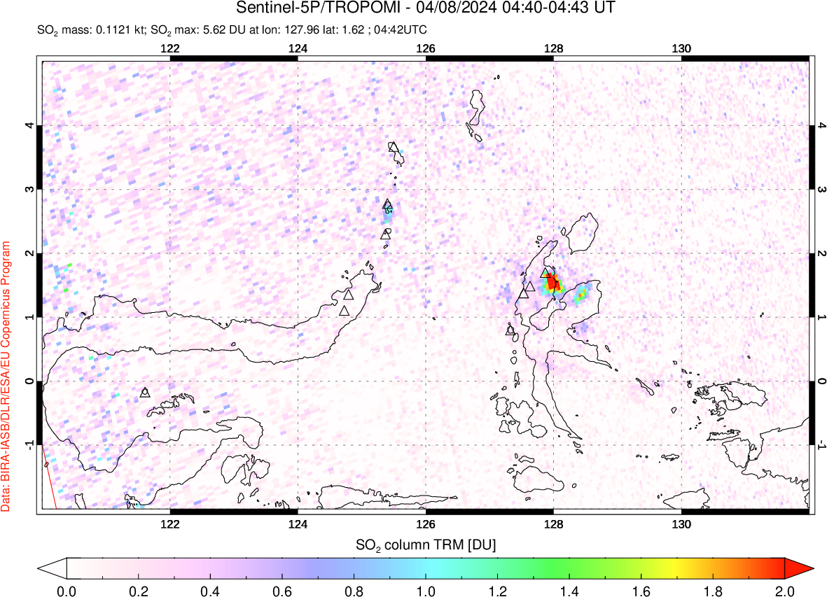 A sulfur dioxide image over Northern Sulawesi & Halmahera, Indonesia on Apr 08, 2024.