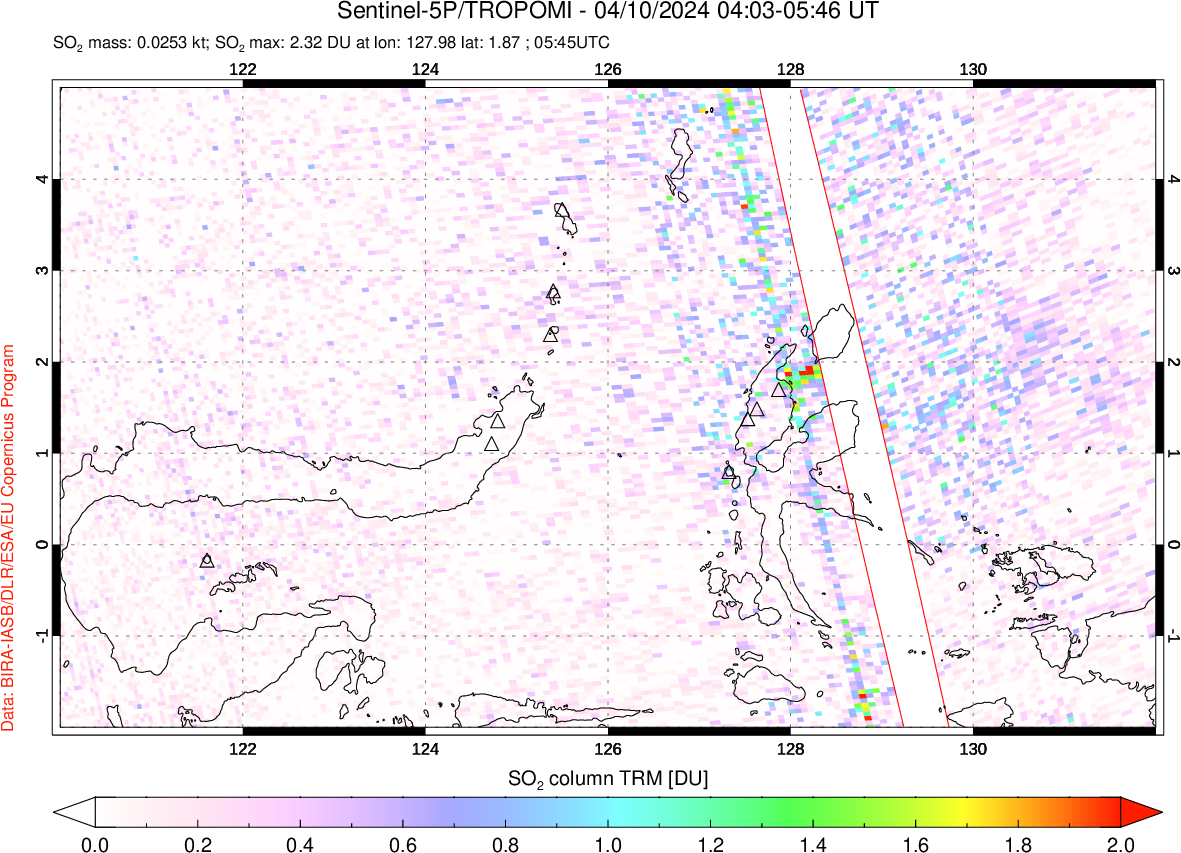 A sulfur dioxide image over Northern Sulawesi & Halmahera, Indonesia on Apr 10, 2024.