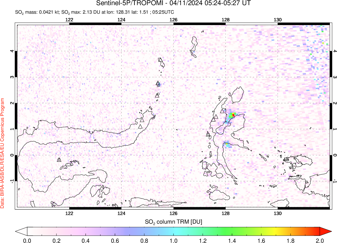 A sulfur dioxide image over Northern Sulawesi & Halmahera, Indonesia on Apr 11, 2024.