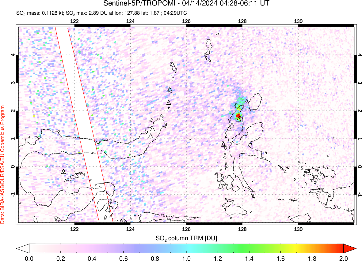 A sulfur dioxide image over Northern Sulawesi & Halmahera, Indonesia on Apr 14, 2024.