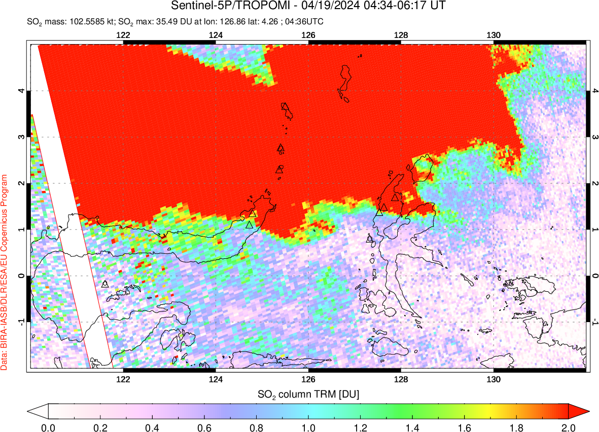 A sulfur dioxide image over Northern Sulawesi & Halmahera, Indonesia on Apr 19, 2024.