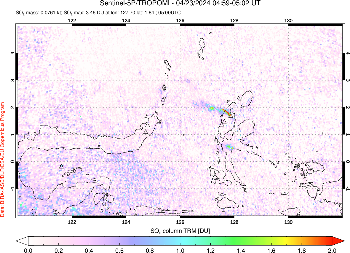 A sulfur dioxide image over Northern Sulawesi & Halmahera, Indonesia on Apr 23, 2024.