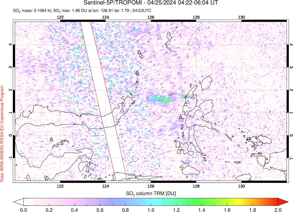 A sulfur dioxide image over Northern Sulawesi & Halmahera, Indonesia on Apr 25, 2024.