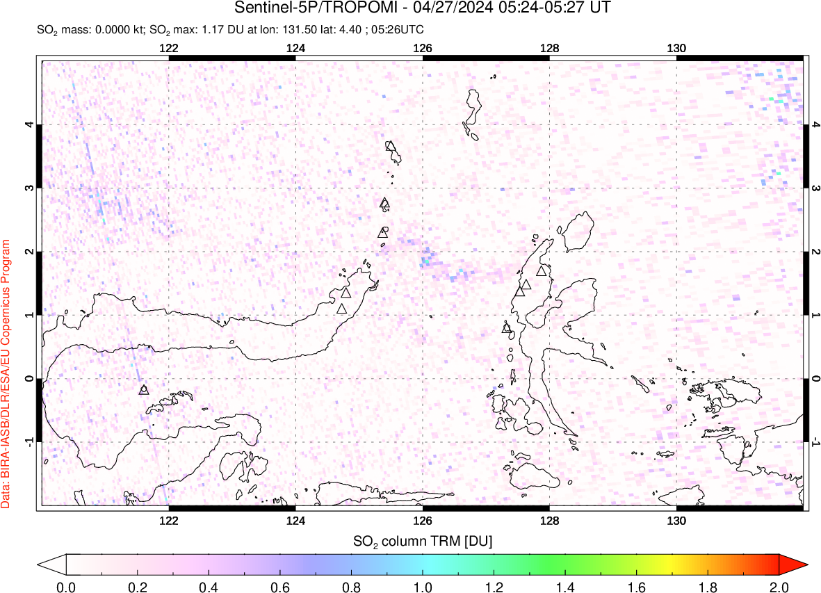 A sulfur dioxide image over Northern Sulawesi & Halmahera, Indonesia on Apr 27, 2024.