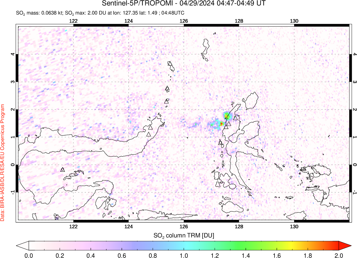 A sulfur dioxide image over Northern Sulawesi & Halmahera, Indonesia on Apr 29, 2024.