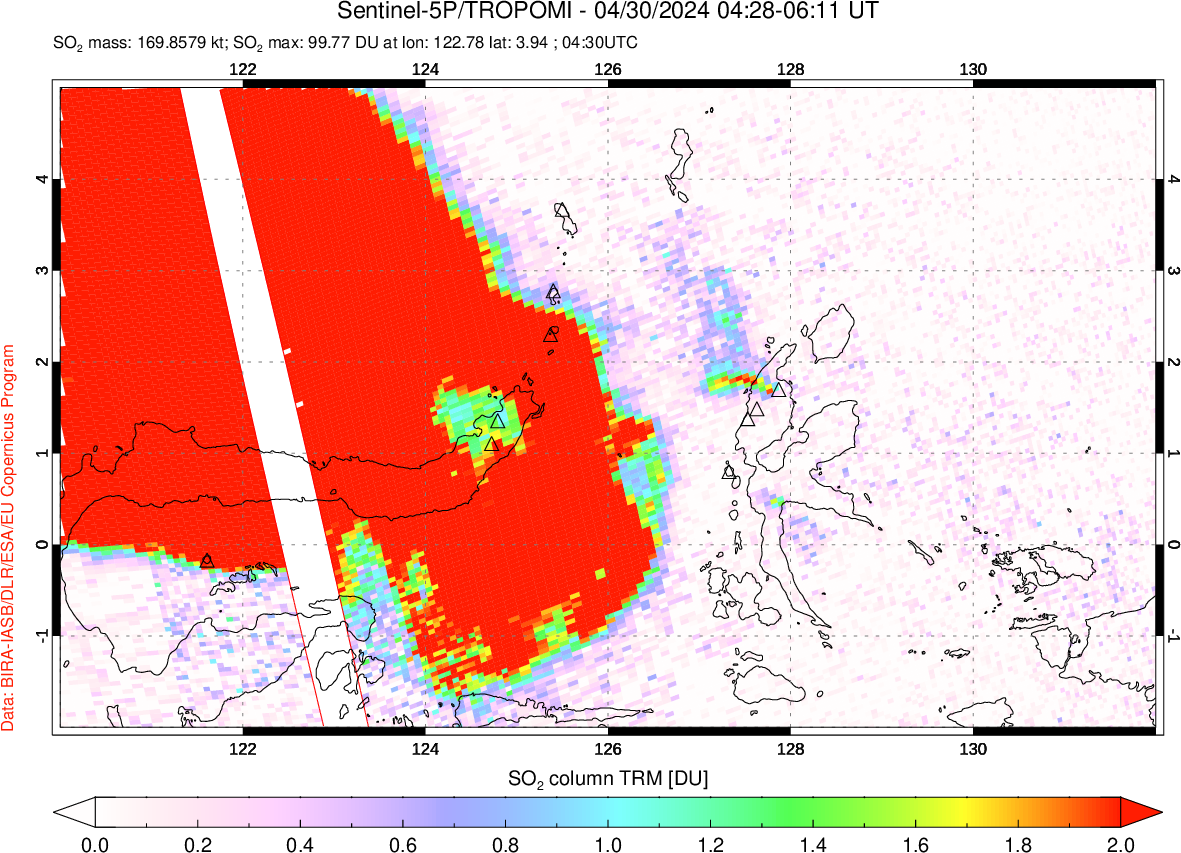 A sulfur dioxide image over Northern Sulawesi & Halmahera, Indonesia on Apr 30, 2024.