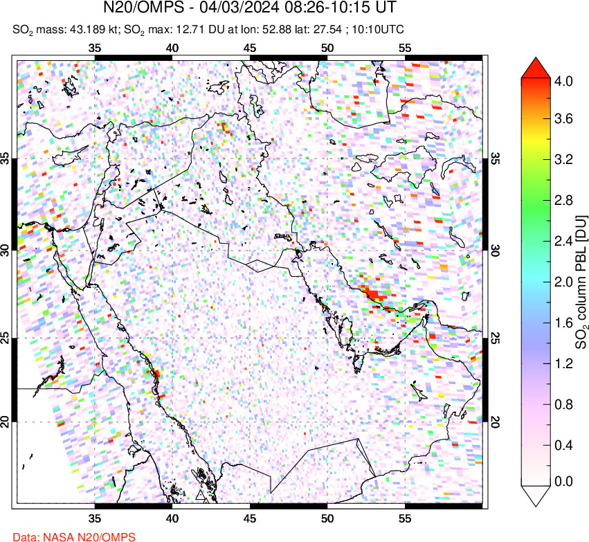 A sulfur dioxide image over Middle East on Apr 03, 2024.