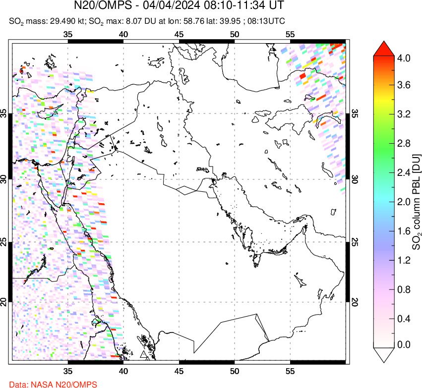 A sulfur dioxide image over Middle East on Apr 04, 2024.