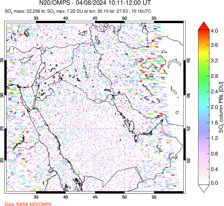 A sulfur dioxide image over Middle East on Apr 08, 2024.