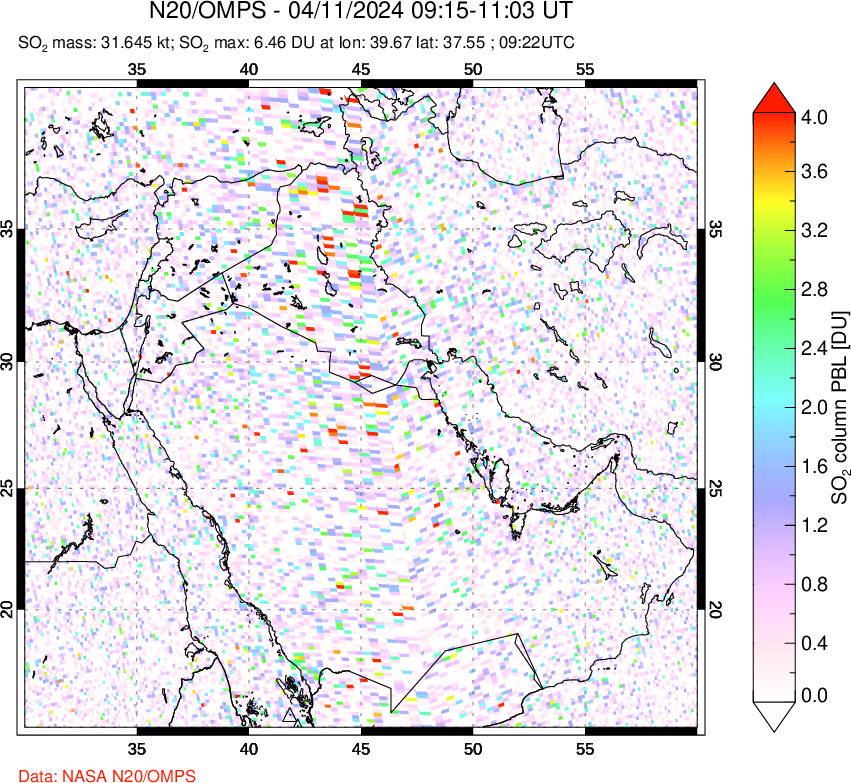 A sulfur dioxide image over Middle East on Apr 11, 2024.