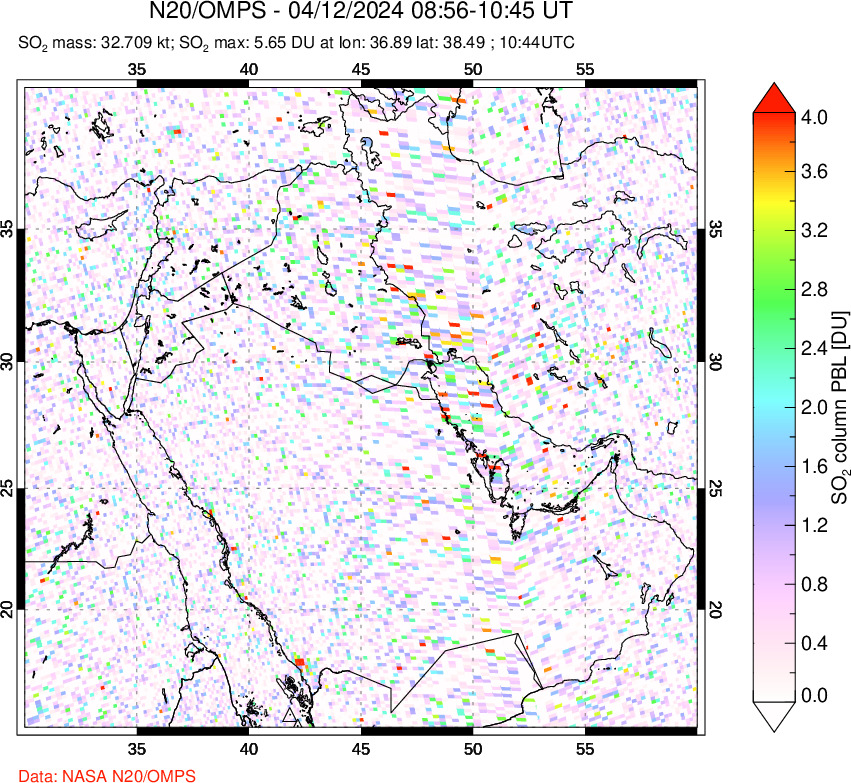 A sulfur dioxide image over Middle East on Apr 12, 2024.