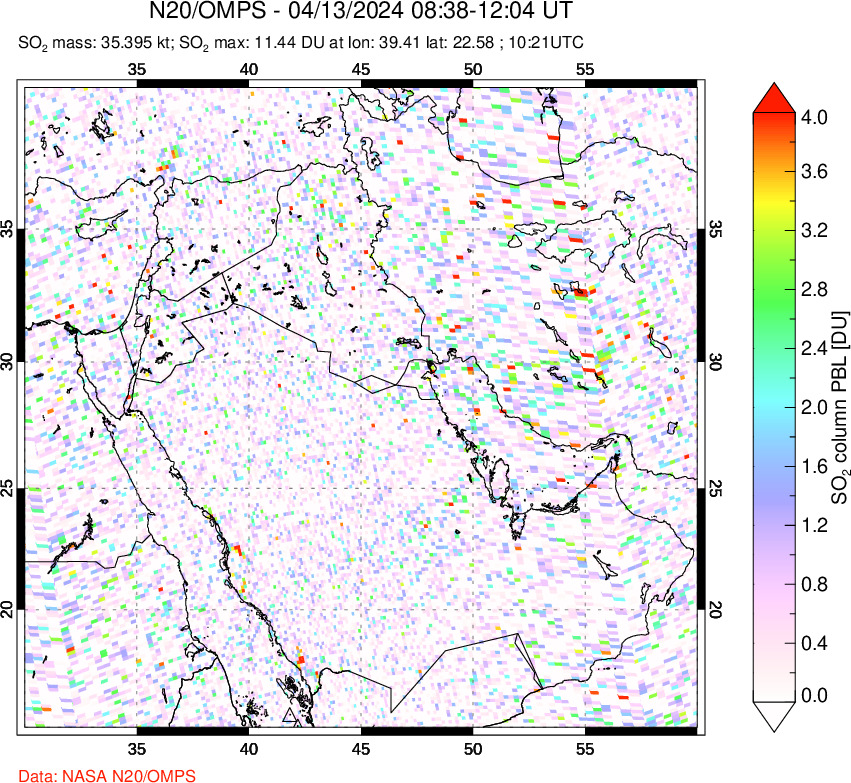 A sulfur dioxide image over Middle East on Apr 13, 2024.