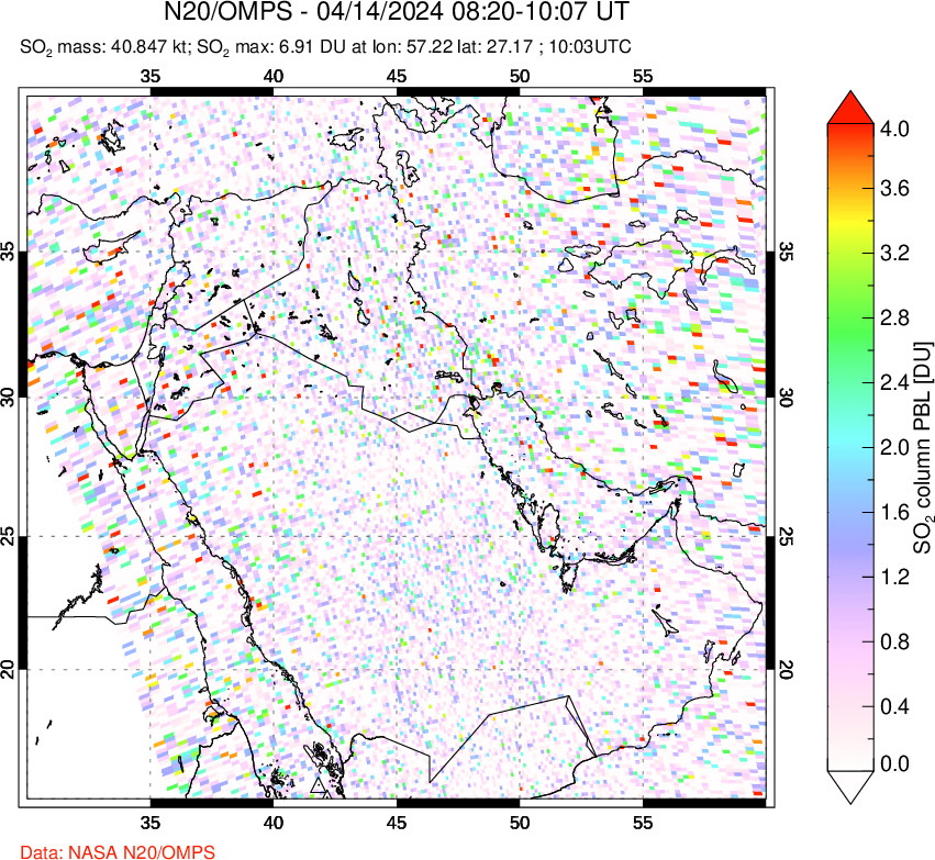 A sulfur dioxide image over Middle East on Apr 14, 2024.