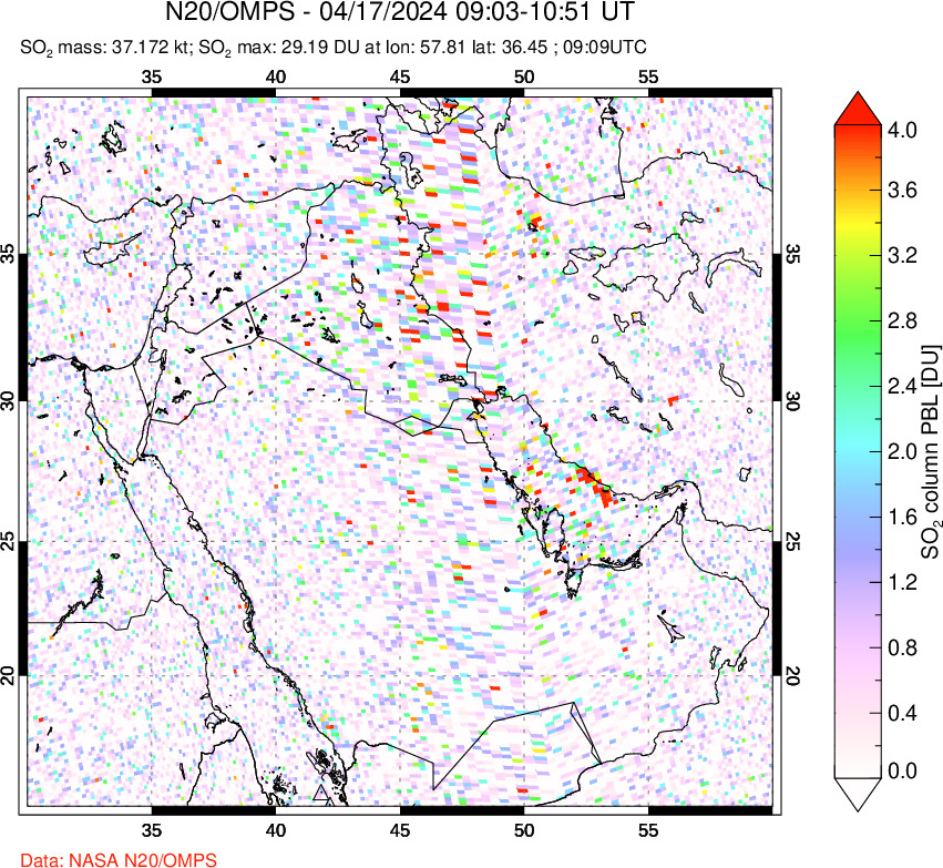 A sulfur dioxide image over Middle East on Apr 17, 2024.