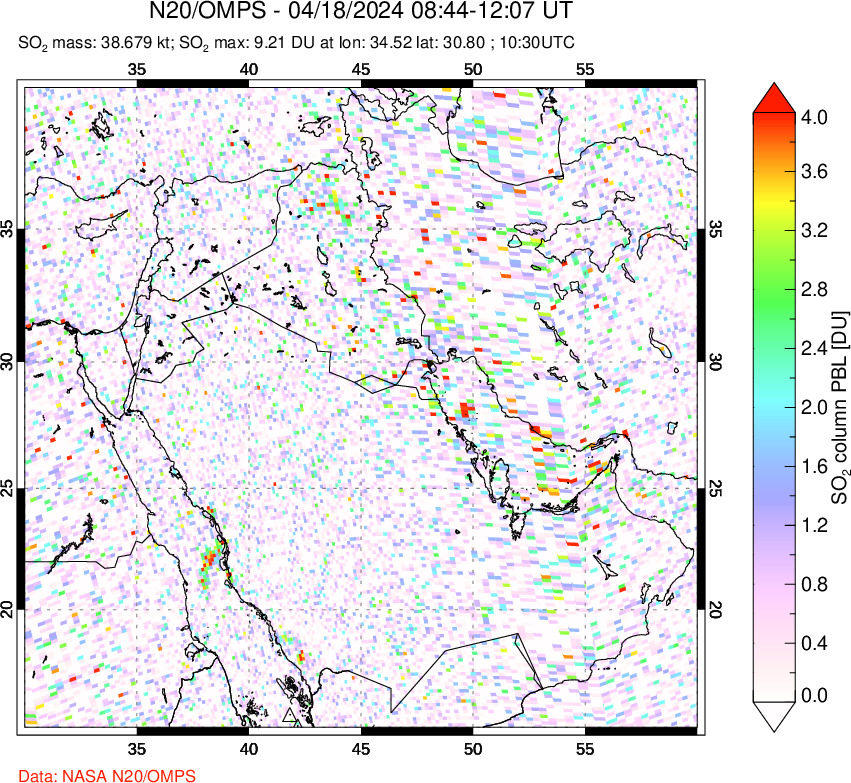 A sulfur dioxide image over Middle East on Apr 18, 2024.