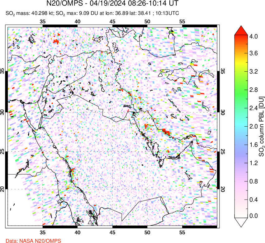 A sulfur dioxide image over Middle East on Apr 19, 2024.