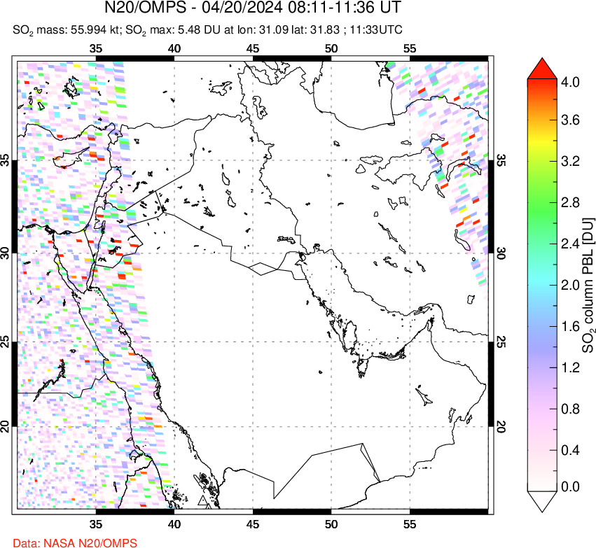 A sulfur dioxide image over Middle East on Apr 20, 2024.