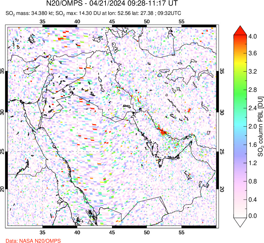 A sulfur dioxide image over Middle East on Apr 21, 2024.