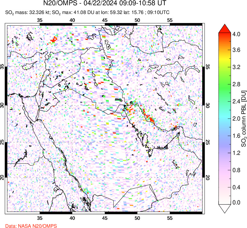 A sulfur dioxide image over Middle East on Apr 22, 2024.