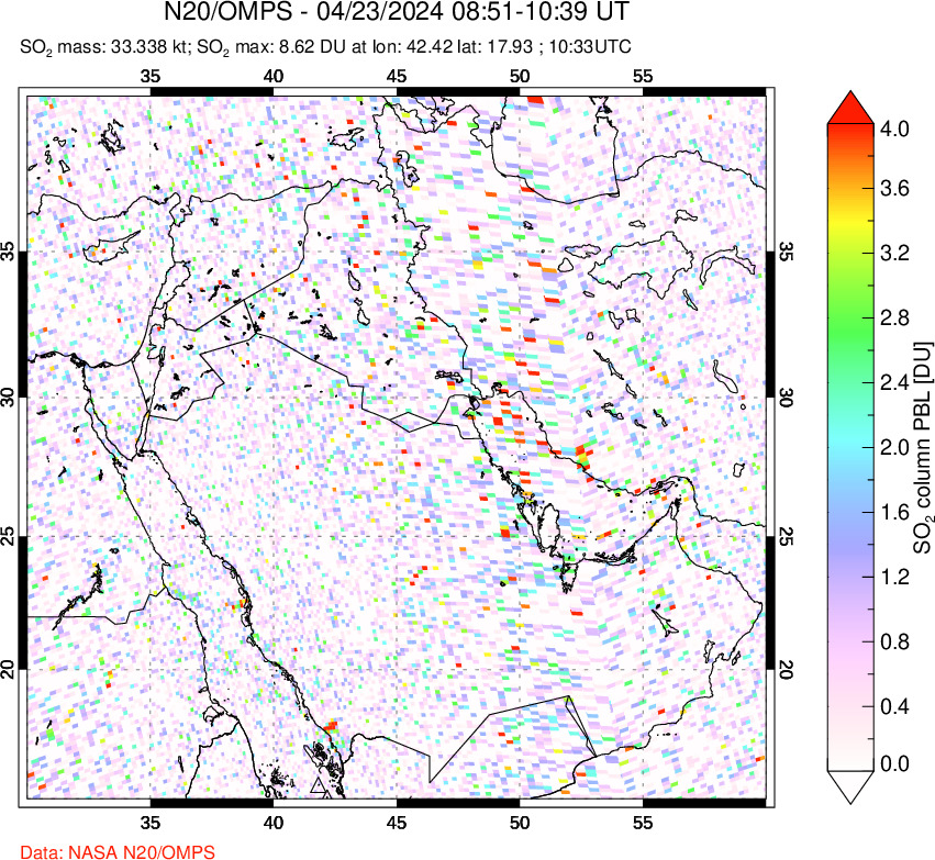 A sulfur dioxide image over Middle East on Apr 23, 2024.