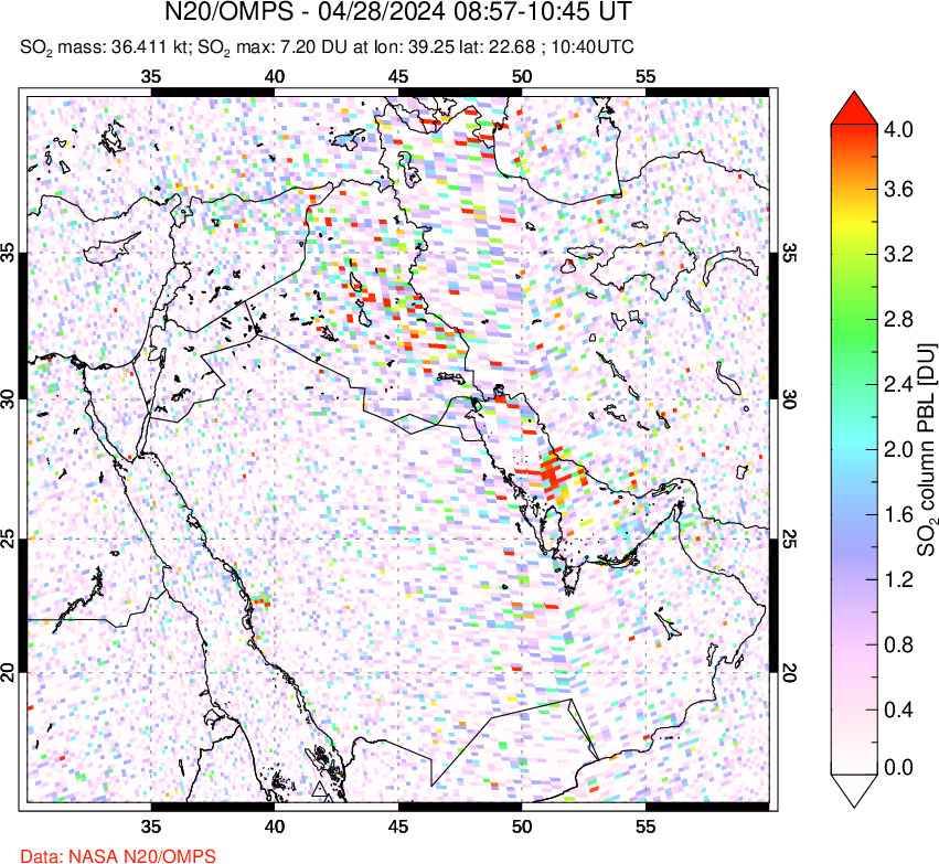 A sulfur dioxide image over Middle East on Apr 28, 2024.