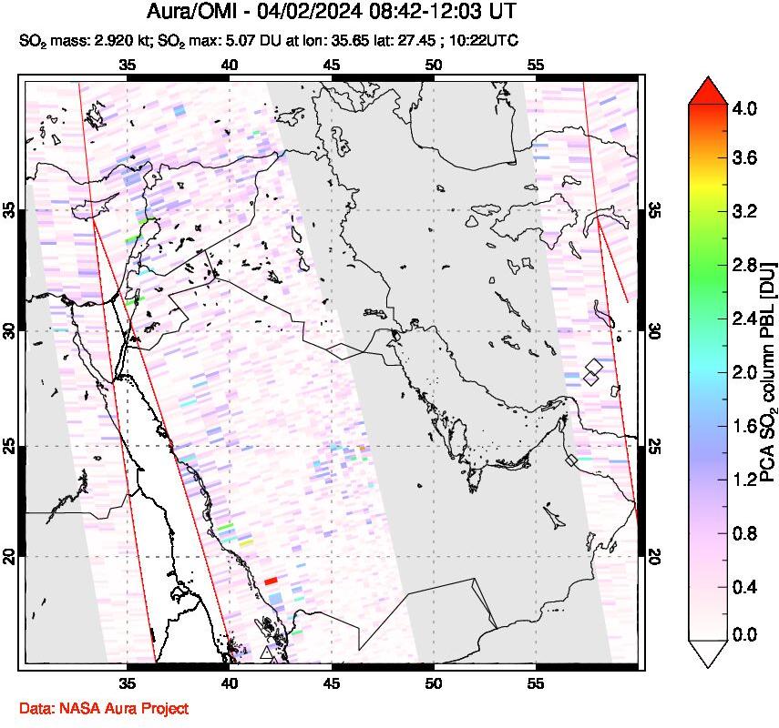 A sulfur dioxide image over Middle East on Apr 02, 2024.