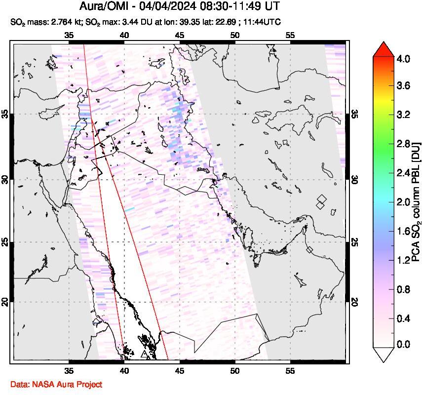 A sulfur dioxide image over Middle East on Apr 04, 2024.