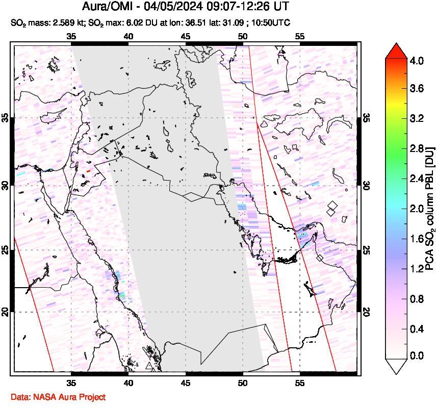 A sulfur dioxide image over Middle East on Apr 05, 2024.