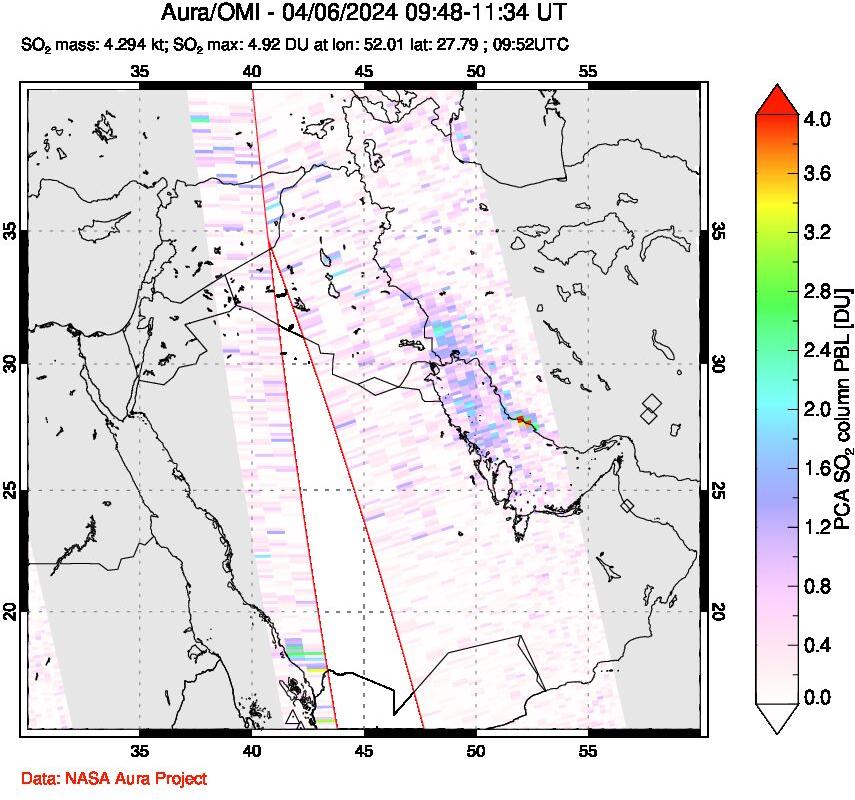 A sulfur dioxide image over Middle East on Apr 06, 2024.