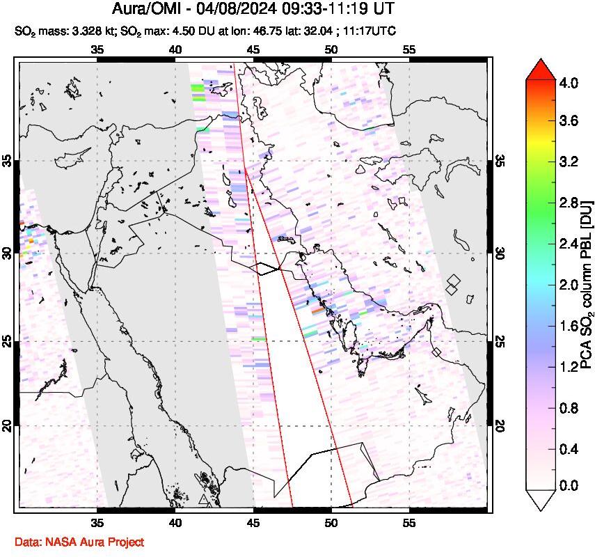 A sulfur dioxide image over Middle East on Apr 08, 2024.