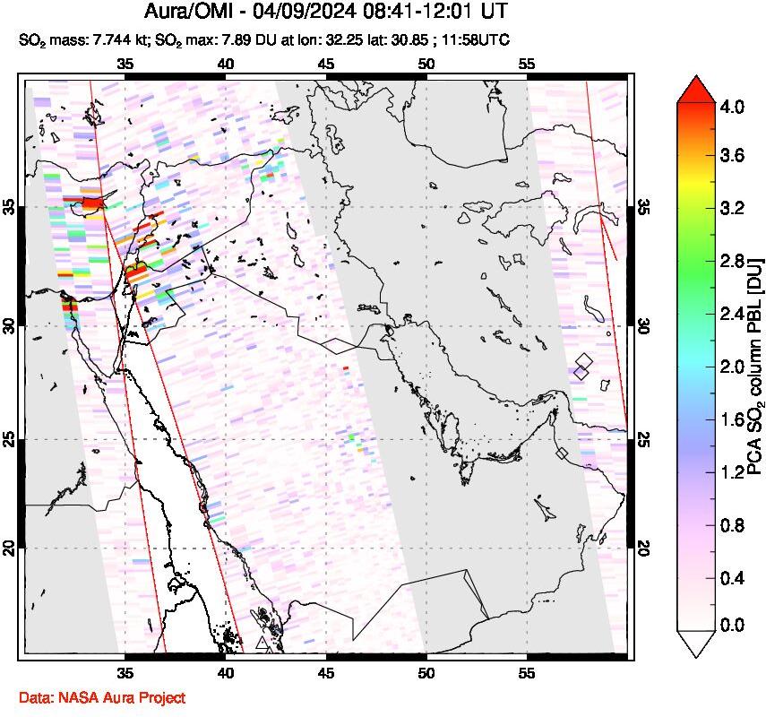 A sulfur dioxide image over Middle East on Apr 09, 2024.