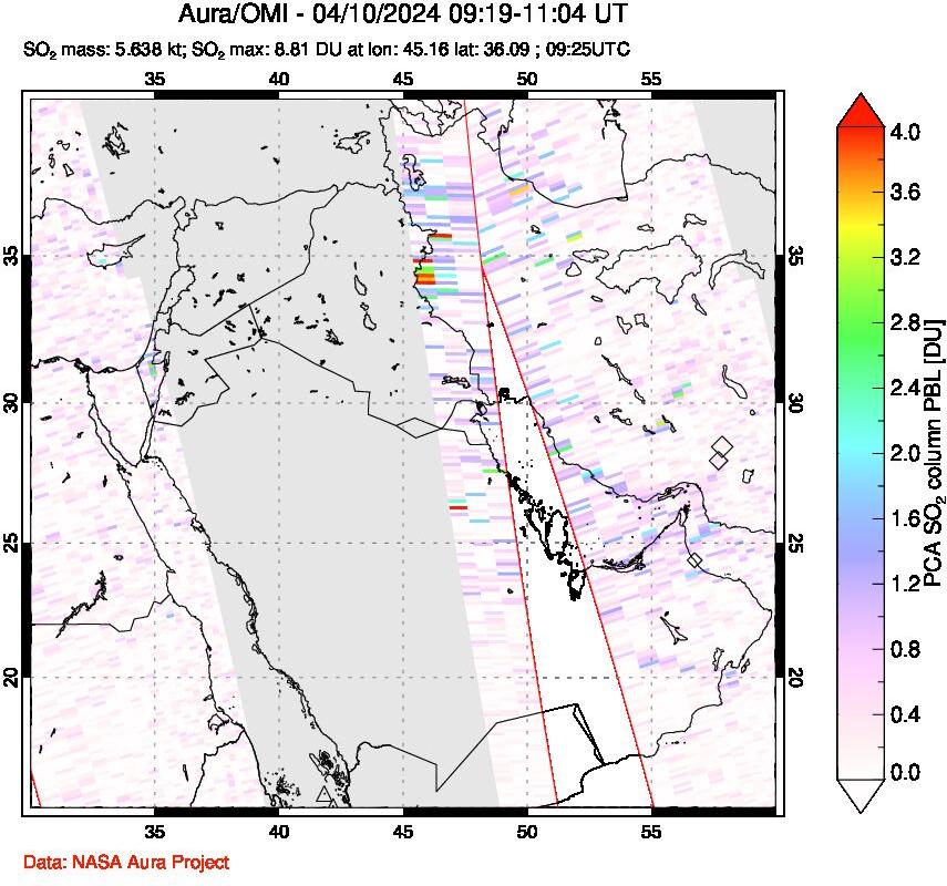 A sulfur dioxide image over Middle East on Apr 10, 2024.