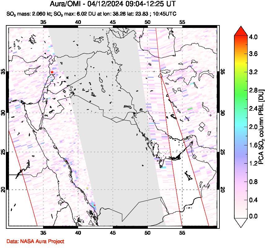 A sulfur dioxide image over Middle East on Apr 12, 2024.