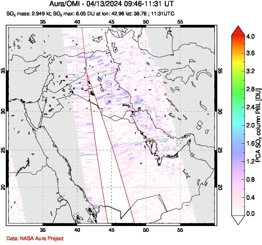 A sulfur dioxide image over Middle East on Apr 13, 2024.