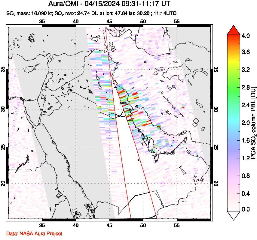 A sulfur dioxide image over Middle East on Apr 15, 2024.