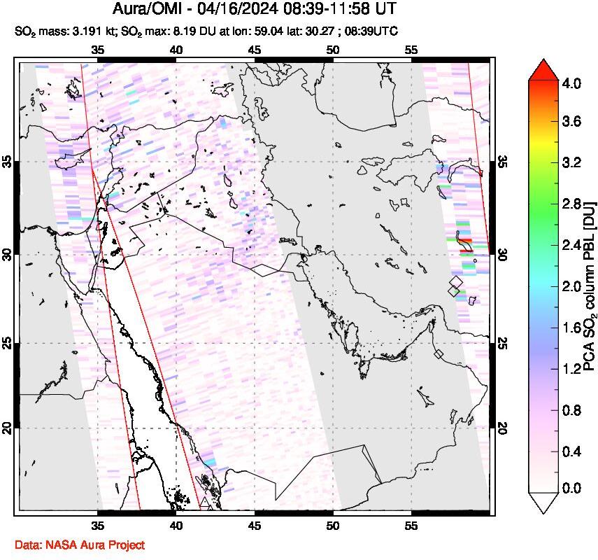 A sulfur dioxide image over Middle East on Apr 16, 2024.