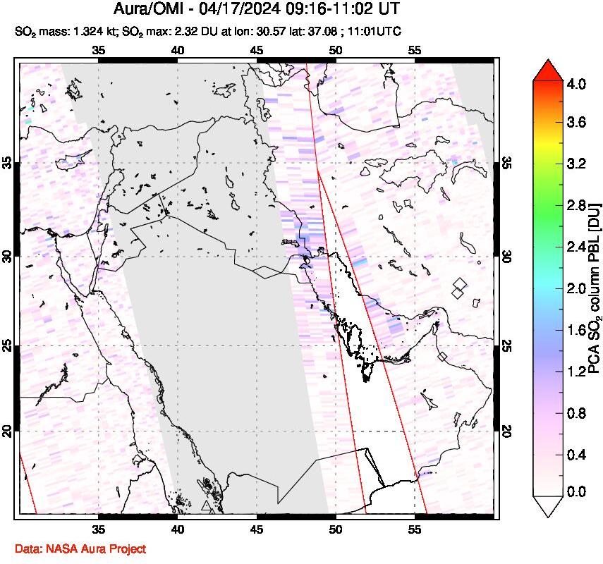 A sulfur dioxide image over Middle East on Apr 17, 2024.