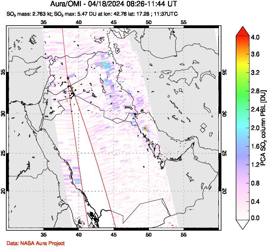 A sulfur dioxide image over Middle East on Apr 18, 2024.