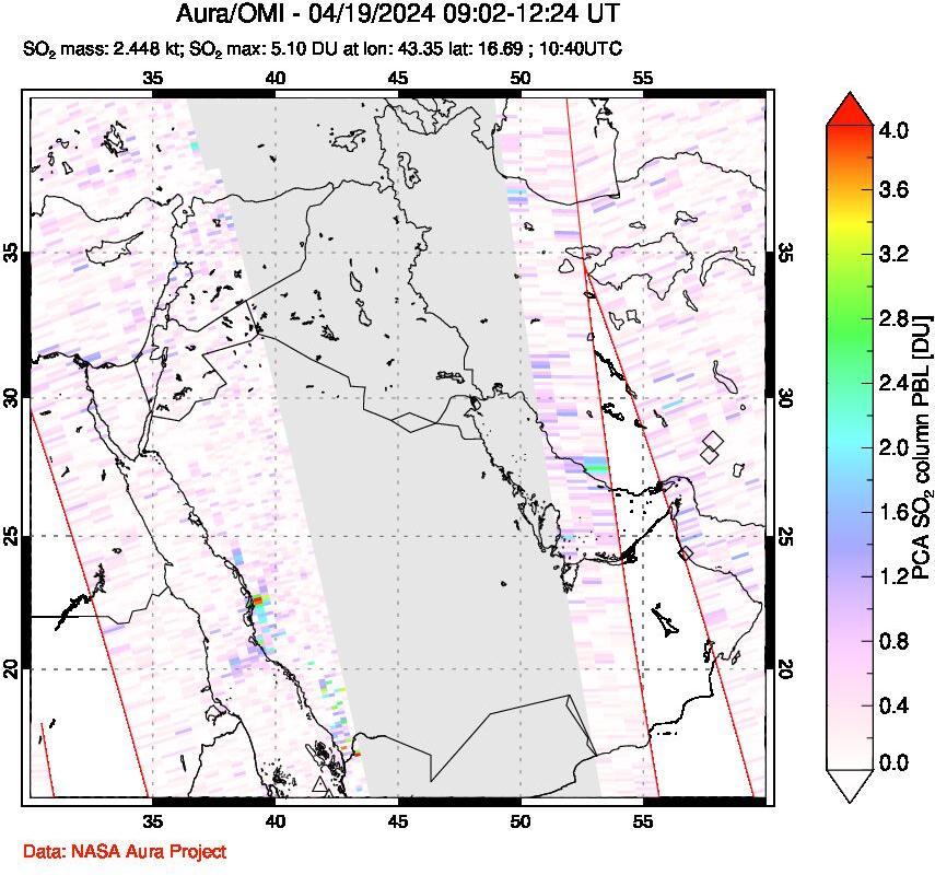 A sulfur dioxide image over Middle East on Apr 19, 2024.