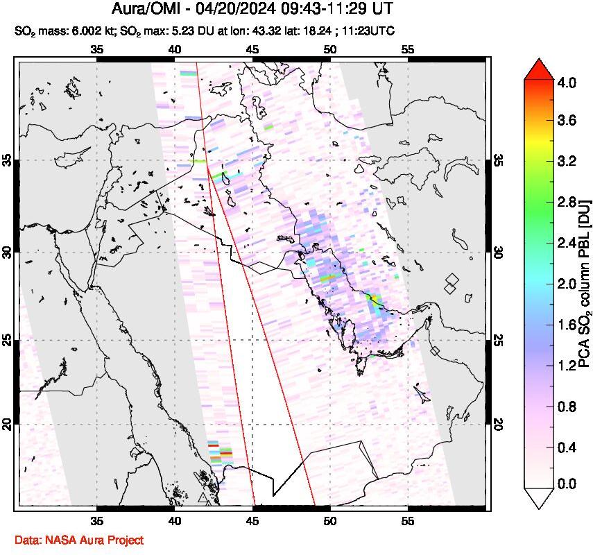 A sulfur dioxide image over Middle East on Apr 20, 2024.