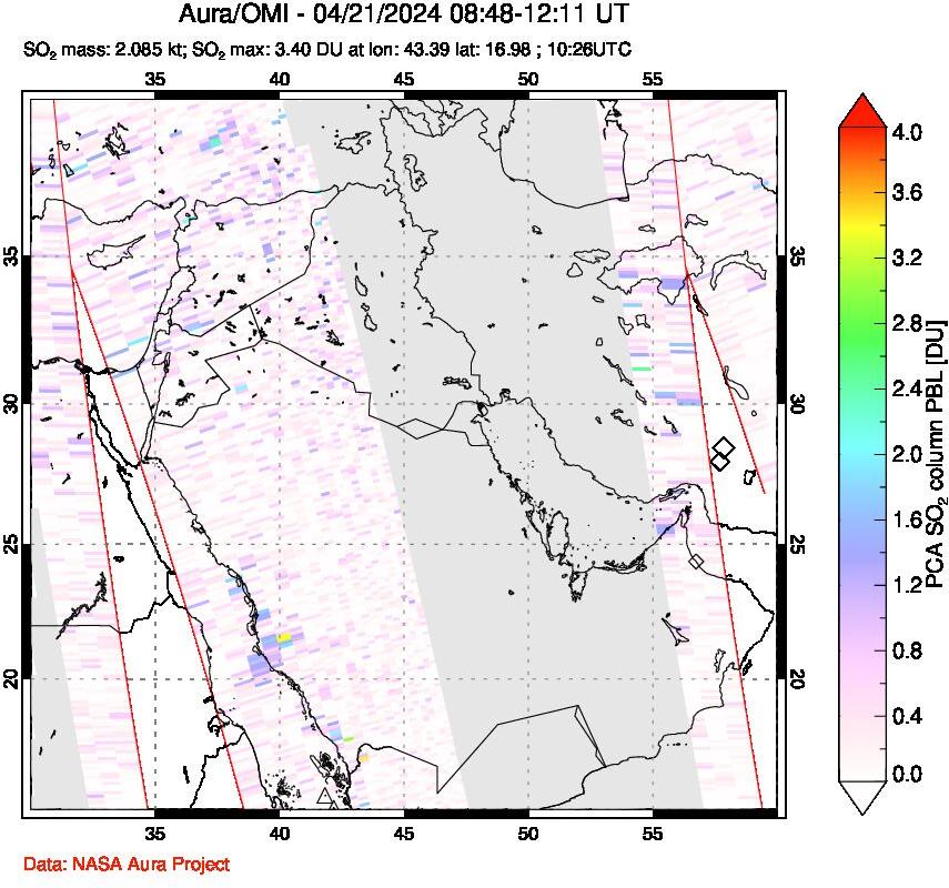 A sulfur dioxide image over Middle East on Apr 21, 2024.