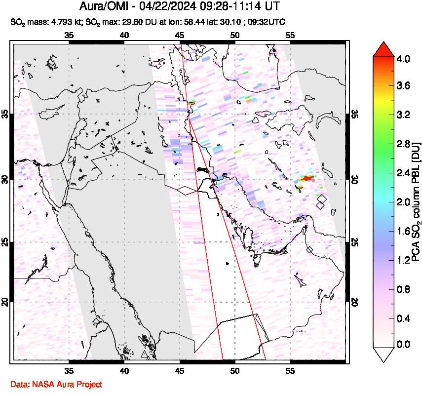 A sulfur dioxide image over Middle East on Apr 22, 2024.