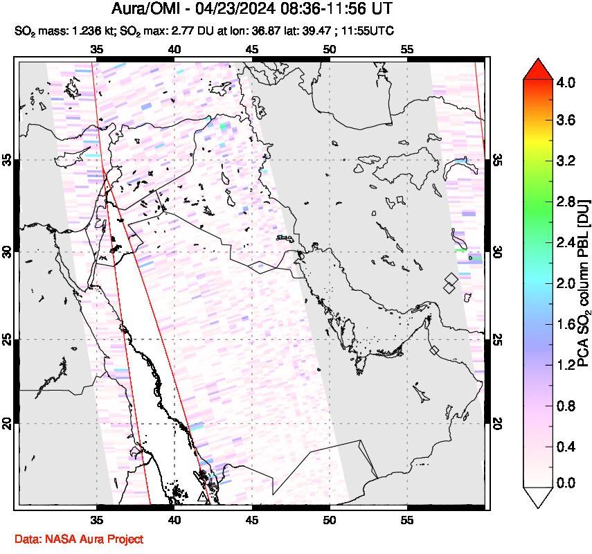 A sulfur dioxide image over Middle East on Apr 23, 2024.