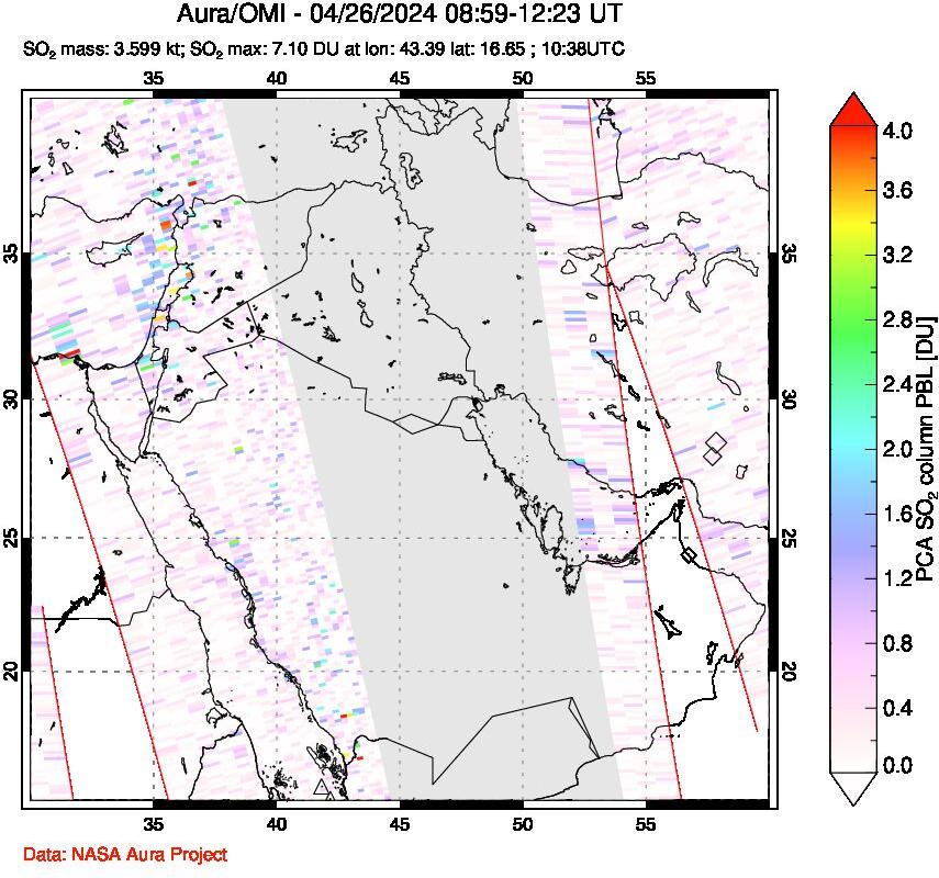 A sulfur dioxide image over Middle East on Apr 26, 2024.