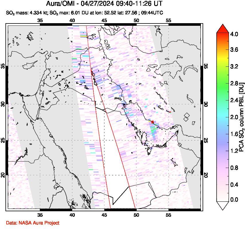 A sulfur dioxide image over Middle East on Apr 27, 2024.