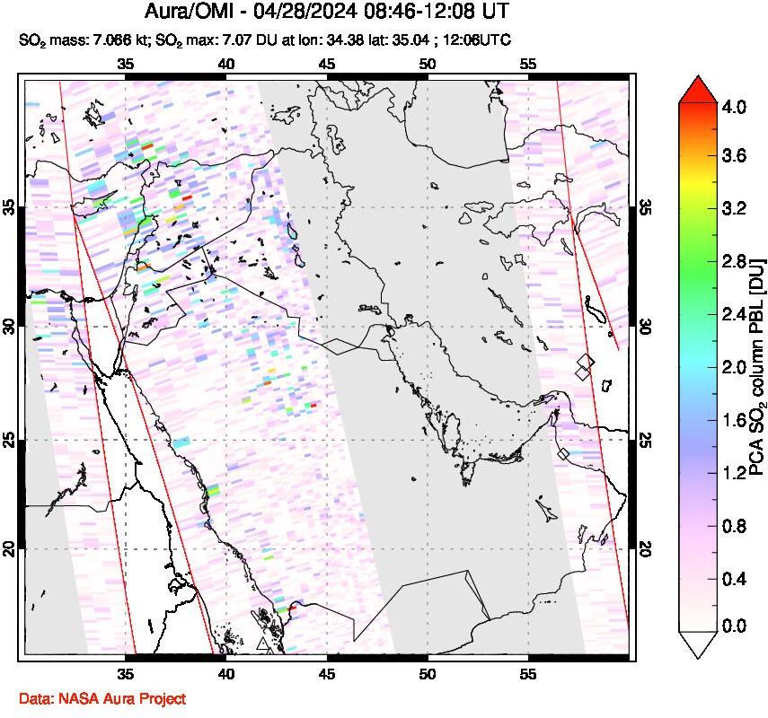 A sulfur dioxide image over Middle East on Apr 28, 2024.