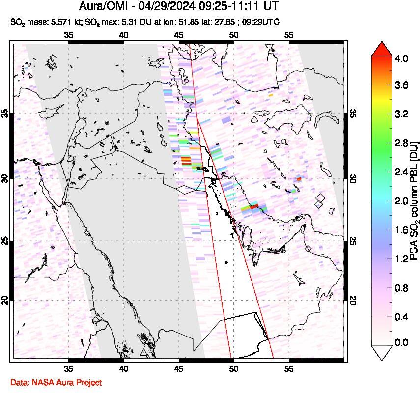 A sulfur dioxide image over Middle East on Apr 29, 2024.