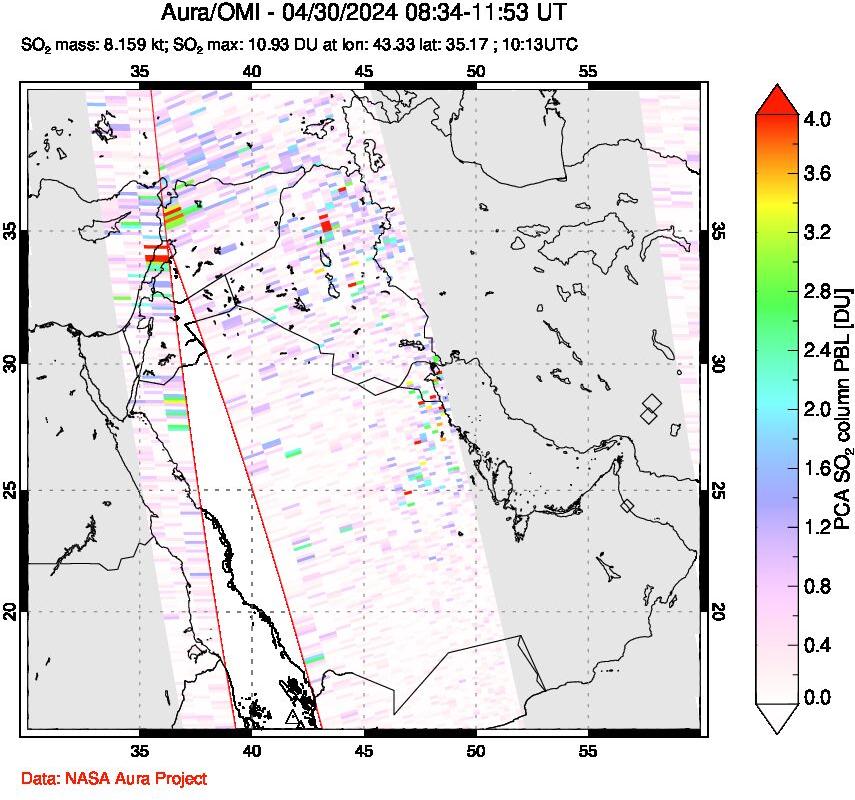 A sulfur dioxide image over Middle East on Apr 30, 2024.