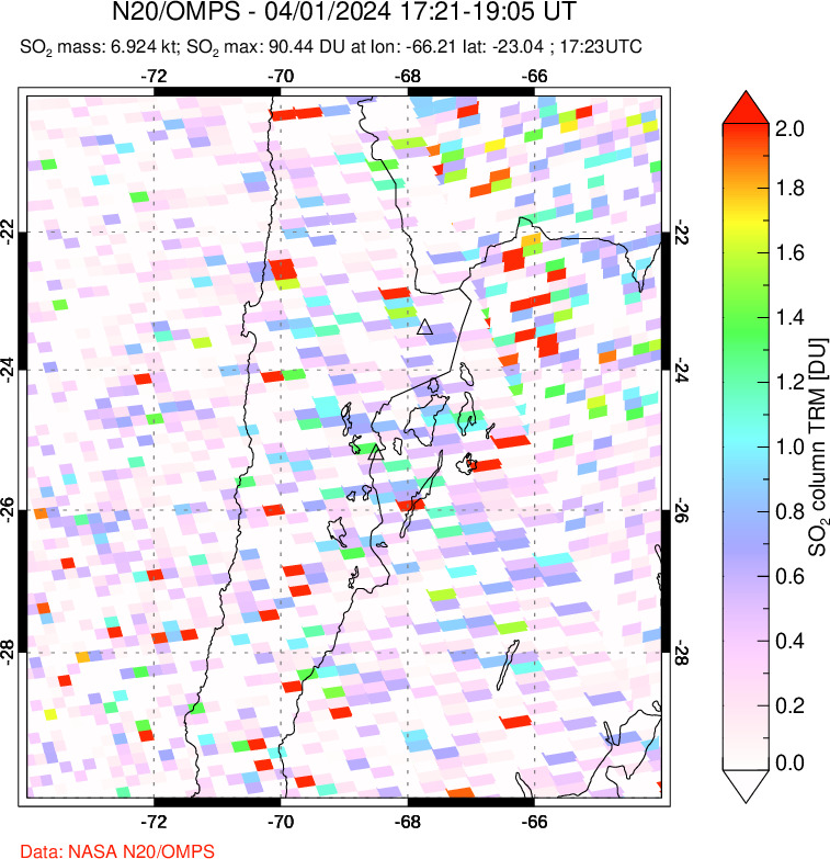 A sulfur dioxide image over Northern Chile on Apr 01, 2024.